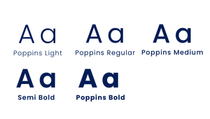Image showing five variations of the Poppins typeface in dark blue color on a white background. Each variation displays uppercase and lowercase 'A' and 'a' followed by its name. From left to right, top row: 'Poppins Light', 'Poppins Regular', 'Poppins Medium'. Bottom row: 'Semi Bold', 'Poppins Bold'. The font weight increases progressively from light to bold.