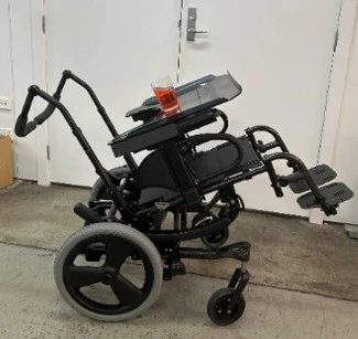 Wheelchair on the ground with 45 degrees of tilt applied
