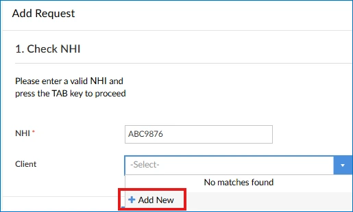 A screenshot of the STL app, highlighting the 'Add New' button in the client dropdown field.