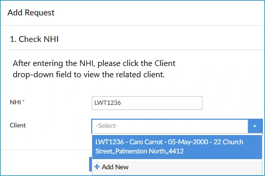A screenshot of the STL app, showing the 'Client' dropdown options after entering an NHI.