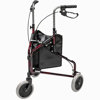 A three-wheeled black and red rollator with a lightweight frame, ergonomic hand brakes, and adjustable handles. It features a black storage bag and large wheels for stability and easy manoeuvering.