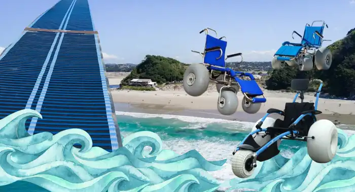 The image is a creative and surreal depiction of beach accessibility. It features floating or flying beach wheelchairs with large balloon-like tires against a scenic beach background. A blue accessibility mat extends towards the ocean, and stylized waves in an artistic, illustrated style add a whimsical effect.