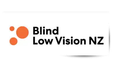 Blind low visions NZ appears in black text next to orange braille.