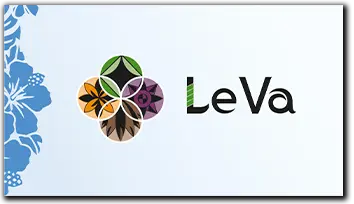 Tropical flowers fill the left border. Le Va appears next to 4 circles filled with different tropical flowers.