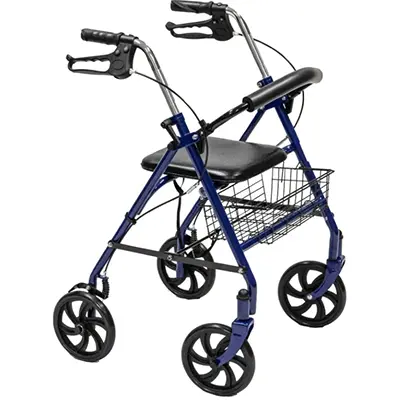 A blue four-wheeled rollator with hand brakes, a cushioned seat, a backrest, and a storage basket.