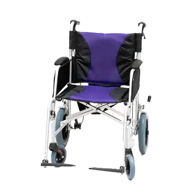 A blue and black wheelchair with a silver frame, featuring a foldable design for easy storage. It has a black and blue cushioned seat cover for comfort and a practical, compact structure.