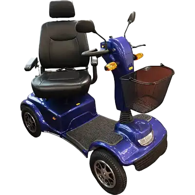 A deep blue heavy duty mobility scooter. It features a robust frame, a comfortable seat, large wheels for smooth navigation, and easy-to-use handlebars with a medium sized basket on the front.