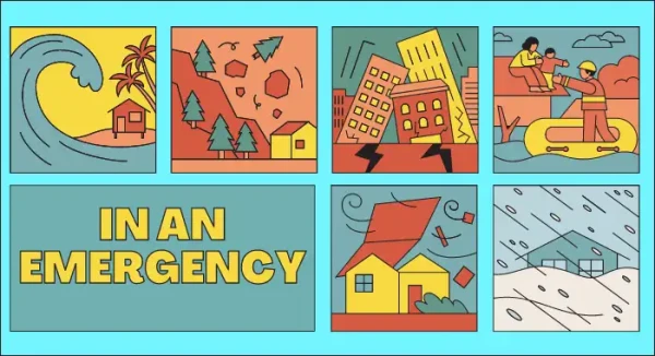 In an Emergency appears in 6 grid collage with different natural disasters in each grid.