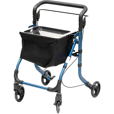 A compact four-wheeled indoor rollator with hand brakes, a cushioned handlebar, a storage bag, and a removable tray.