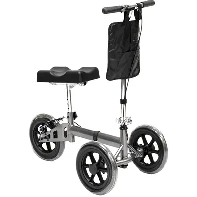 A sky silver and deep grey knee walker with a padded knee platform, handlebars, and three wheels - two at the front, one in the back - for easy mobility.