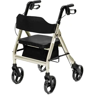 A four-wheeled rollator with a sturdy frame, hand brakes, a cushioned seat, a backrest, and a storage pouch.