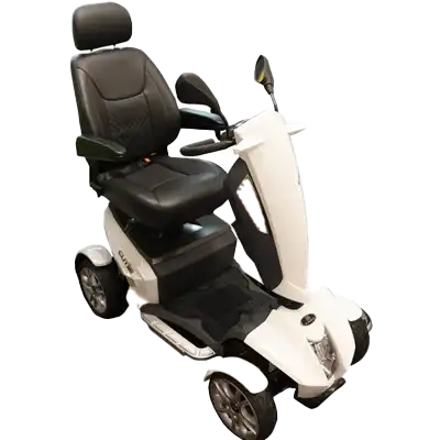 White mobility scooter with a comfortable seat, sturdy footrests, and handlebars for easy steering.