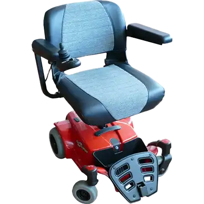 A red power wheelchair with a black seat and arm covers, and grey wheels. The wheelchair offers easy manoeuvrability and comfort, with a sleek design for everyday use.