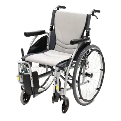 A self-propelled wheelchair with a light grey and dark grey frame, featuring large, sturdy wheels for easy self-mobility and comfortable footrests.