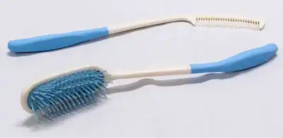 Two long-handled shower brushes, blue and white in color, feature thick rubber bristles at the ends.