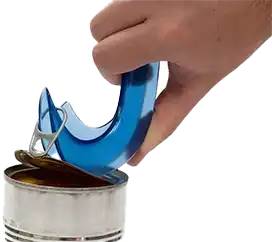 A transparent, curved blue can opener is in the process of opening a silver can.