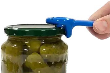 A jar of pickles is currently being opened by a blue jar opener.