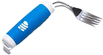 A blue and white rubber handled fork. The fork is bent to the right so it's easy to use.