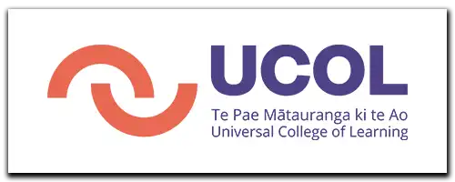 The UCOL Te Pae Mātauranga ki te Ao Universal College of Learning logo features purple text on a white background. Above the text, two semi-circles are stacked, creating a distinctive design.