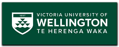 Victoria University of Wellington Te Herenga Waka appears against a dark green background. A crest sits on the left.