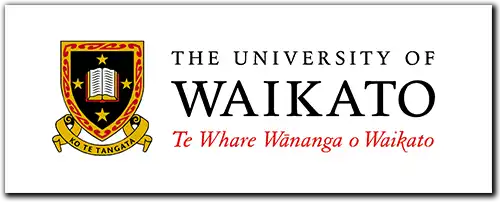 The University of Waikato - Te Whare Wānanga o Waikato logo features black and red text alongside a gold, red, and black crest. The crest includes four stars set against a black background.