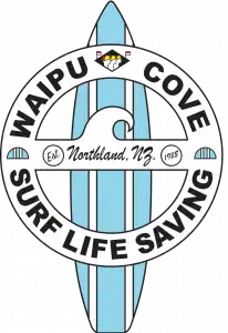 The image is the logo of Waipu Cove Surf Life Saving. The design features a surfboard in the background with a circular emblem overlaying it. Inside the emblem, 