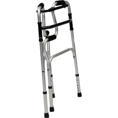 A folded walking frame in silver and black, featuring four legs and a handle.