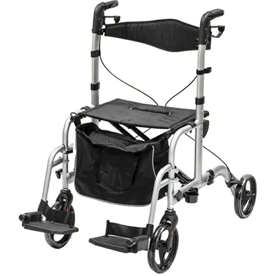 A silver and black rollator that also functions as a push wheelchair, with a cushion above the basket and handles fitted with brakes.