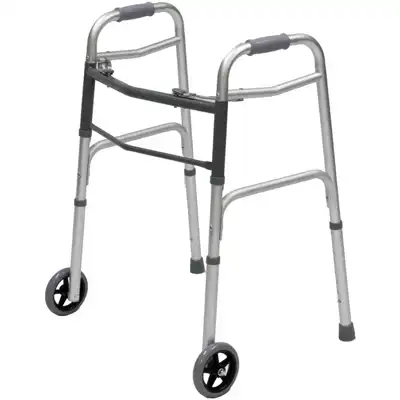 A silver walking frame featuring two front wheels for added mobility.