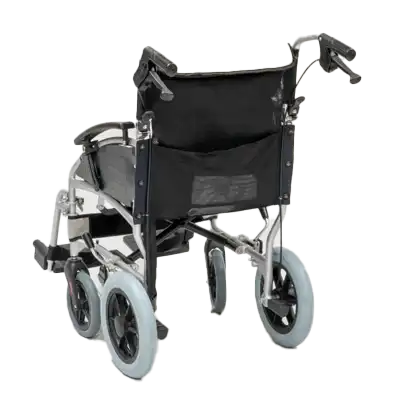 A black transit-propelled wheelchair with sturdy footrests, large rear wheels, and handles for a caregiver to push.