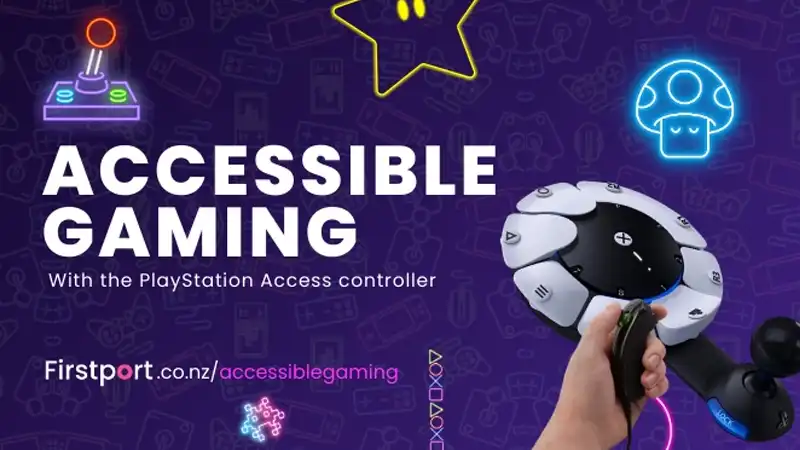 Accessible gaming appears in white text next to a PlayStation access controller and other neon icons