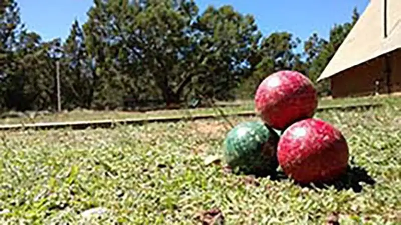 Three boccia balls on grass