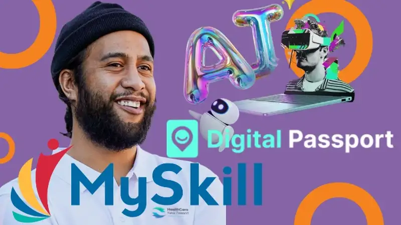 A tall Māori man with a beany smiles as he looks towards AI, computer icons.