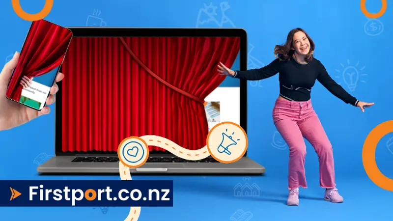 Molly, a young woman with Down syndrome, strikes a playful pose. To her left, a laptop and phone display Firstport’s new website, partially hidden behind red curtains—hinting at an exciting reveal to come!