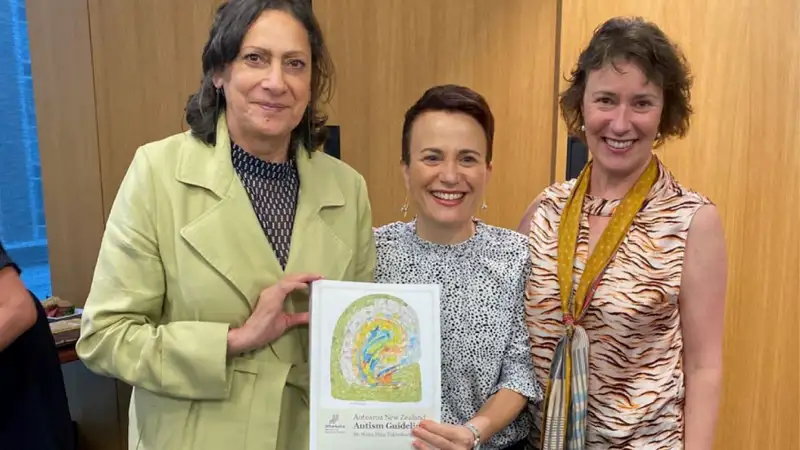 Poto Williams, Paula Tesoriero and Marita Broadstock at the Autism Guideline launch.Poto Williams is wearing a lime coat, Paula Tesoriero is wearing a cheater-print black and white blouse and Marita Broadstock is wearing a zebra-print