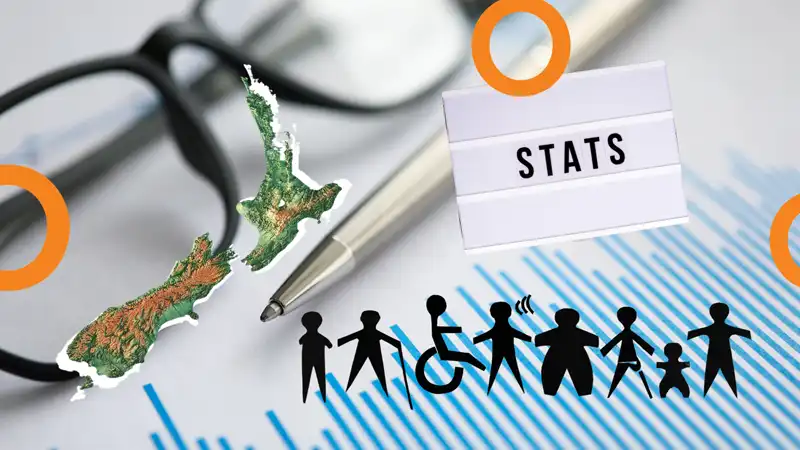 a pen, glasses, and a bar graph, overlaid with a NZ map, a 