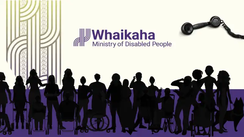 Purple and white background with silhouettes of disabled groups. Whaikaha MInistry of Disabled appears in the middle with a corded phone.