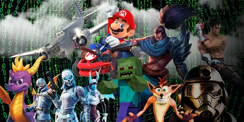 Characters from different playstation games including, Mario, Crash bandacoot, Minecraft and more