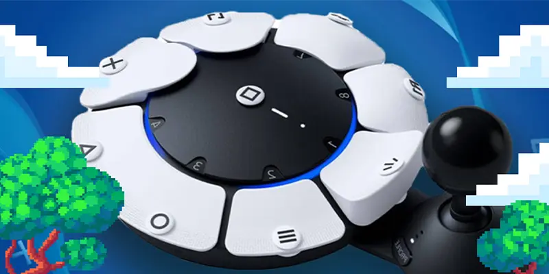 A large Play Station 5 Access Controller with pixelated trees and clouds on both sides of the controller.