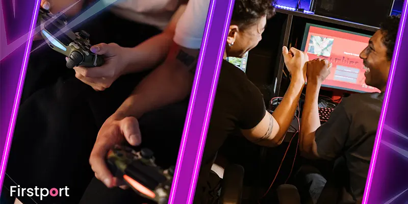 Neon glowing purple boarders around two image. The first image on the left handside of the screen, is of two people's hands holding standard controllers. The image on the right is of two young male gamesers smiling at each other while giving each other knuckles as a way of saying congratulations