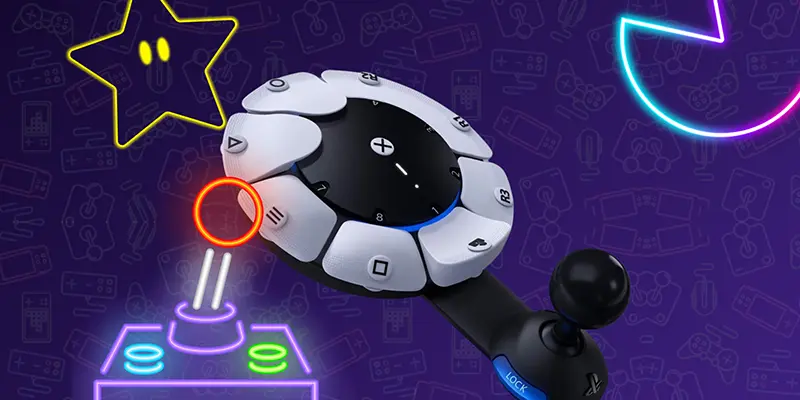 An adaptive gaming controller with a circular button layout and a joystick attachment on the right side. The background is deep purple with neon-style gaming icons, including a star with glowing eyes, a Pac-Man figure, and an arcade joystick.