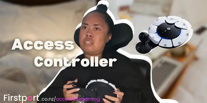 A women sitting in a wheelchair, holding the Playstation 5 Access Controller. The words Access Controller over the screen as well as firstport.co.nz.accessiblegaming on the image.