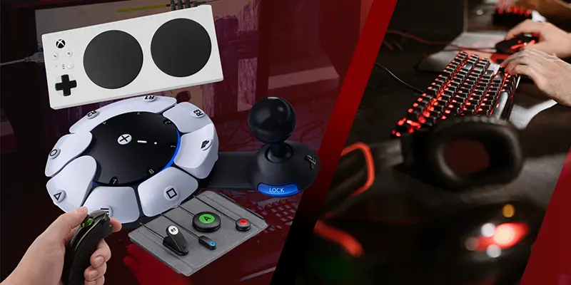 a variety of adaptive gaming controllers and accessibility devices, including the PlayStation Access controller, Xbox Adaptive Controller, and additional button configurations. The background is split into two sections: one side focuses on accessible gaming setups, while the other features a traditional gaming keyboard and mouse setup, emphasizing inclusivity in gaming