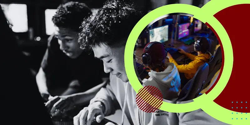 Two young males sitting at together gaming on a computer each, taken from a front angle seeing their faces. A yellow circle on the righthand side of image with another photo of the two young men from a behind angle.